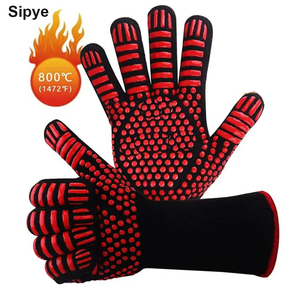 Sipye Thickened and Extended Heat-Resistant Gloves – Red & Black Silicone Non-Slip Design – Ideal for Microwaves, Ovens, and Grilling